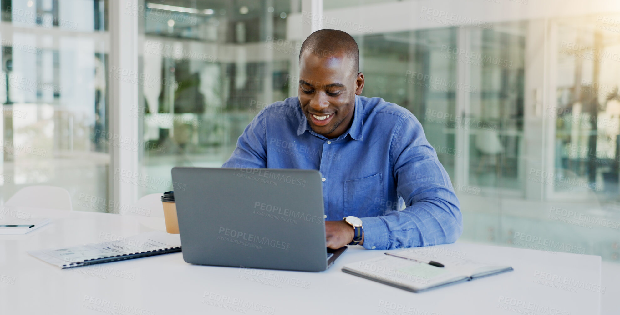 Buy stock photo Business man, laptop and happy in office for finance, budget report and revenue proposal, taxes review or bookkeeping. Professional african worker on computer for online accounting, audit or planning
