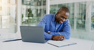 Buy stock photo Business man, writing and planning on computer for financial career notes, information and reminder in office. Professional african accountant on laptop and notebook for happy ideas and brainstorming