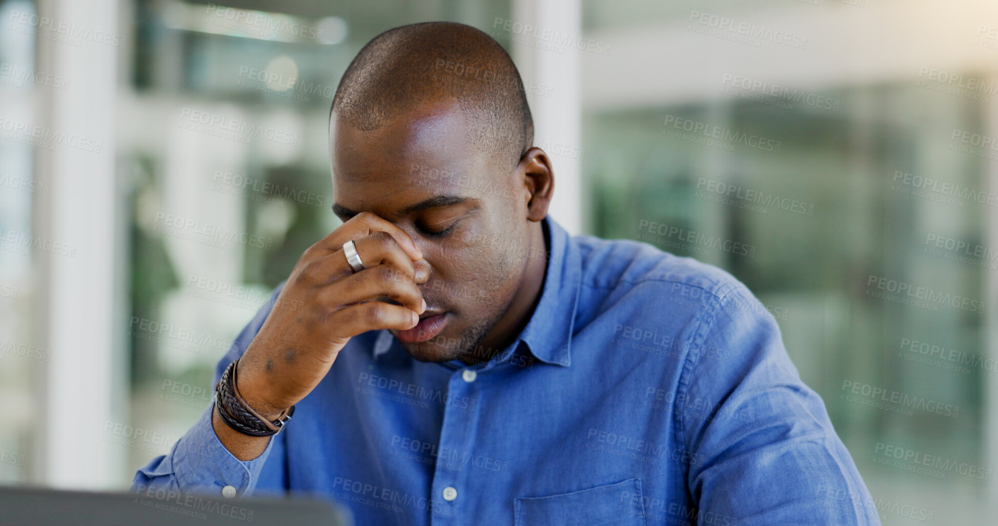Buy stock photo Businessman, stress and thinking in office, anxiety and burnout for crisis, issue and profession. Black person, frustrated and worry for deadline, mistake and pressure or overwhelmed or overworked