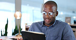Businessman, black man and tablet for research, networking and planning in modern office with glasses. Face, african person and touchscreen for reading, technology and digital marketing at workplace