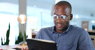 Buy stock photo Businessman, black man and tablet for research, networking and planning in modern office with glasses. Face, african person and touchscreen for reading, technology and digital marketing at workplace