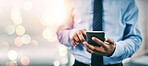 Businessman, phone and hands typing for networking or communication on bokeh background at office. Closeup of man on mobile smartphone app for online texting, chatting or social media and research