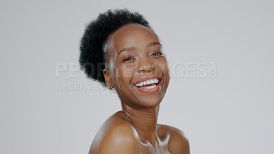 Buy stock photo Face, skincare and beauty of funny black woman in studio isolated on a gray background mockup space. Portrait, natural cosmetics and African model laugh in spa facial treatment, wellness and health