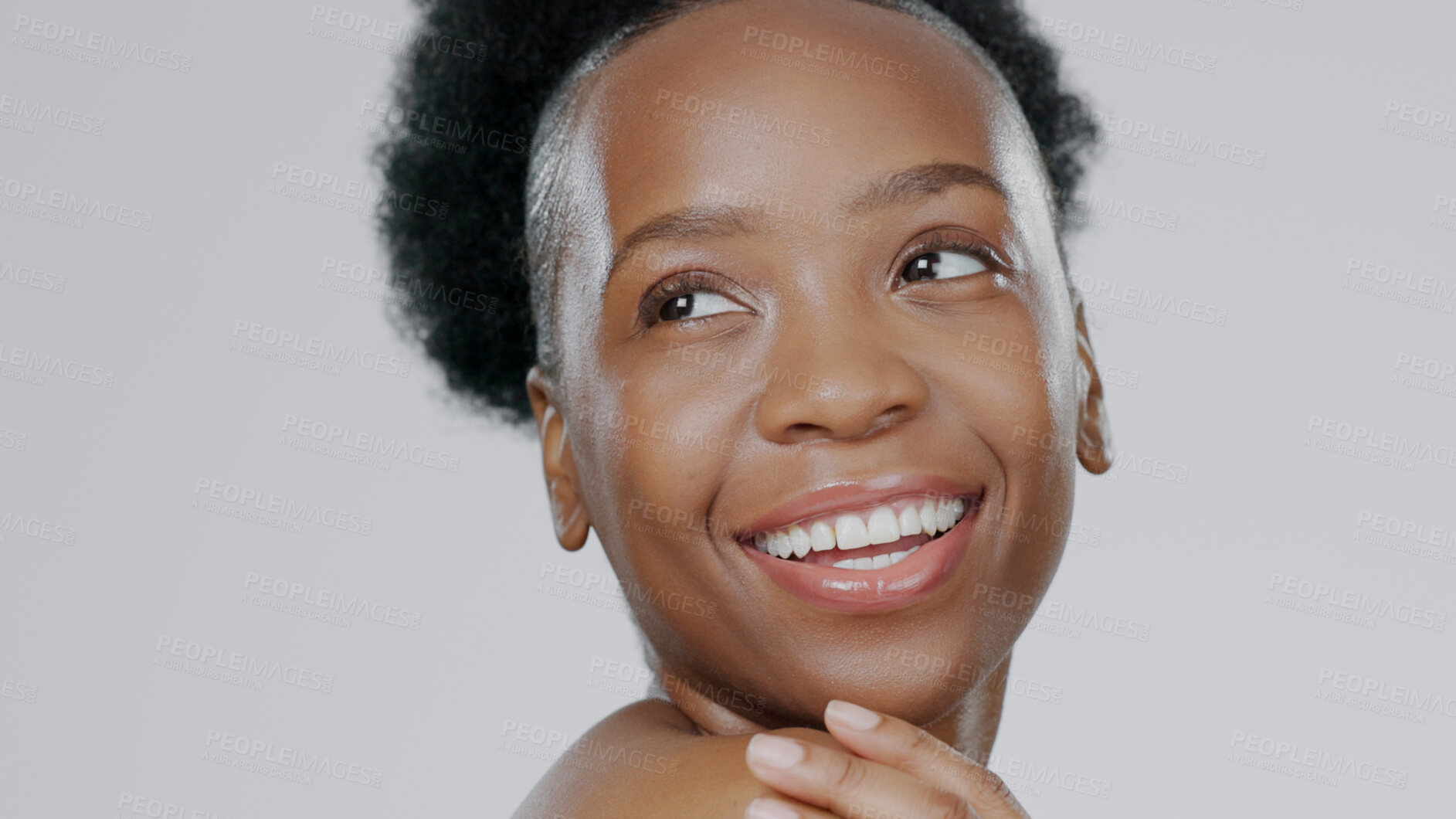 Buy stock photo Face, skincare and beauty of black woman thinking in studio isolated on a gray background mockup space. Portrait, natural cosmetics and happy African model in spa facial treatment, wellness or health