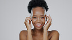 Face, skincare and hands of happy black woman in studio isolated on gray background for dermatology. Portrait, touch and natural beauty cosmetics of model in spa facial treatment, wellness or health