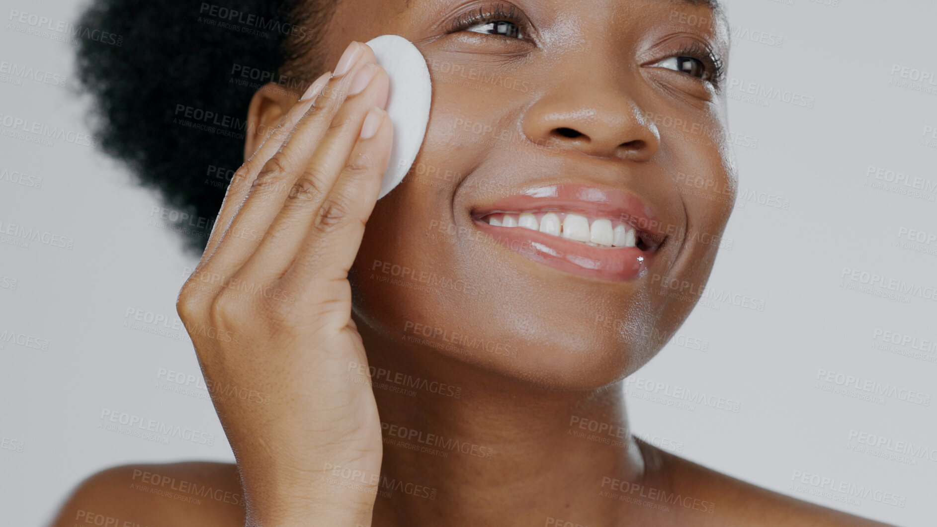 Buy stock photo Face, model and hands with pad for cosmetic, beautiful and happiness in facial cleanse in studio background. Black woman, healthy skin and dermatology for self care, spa treatment or aesthetic mockup