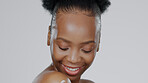 Woman, face and body with cream for moisturizer, cosmetic and beauty with smile in studio.  Black model, portrait and dermatology with advertising for lotion, spf and sun care for  african skin tone