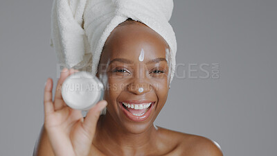 Buy stock photo Black woman, face and beauty with skincare, lotion for facial with natural cosmetics on grey background. Portrait, dermatology and African model with cream, moisturizer and treatment in studio