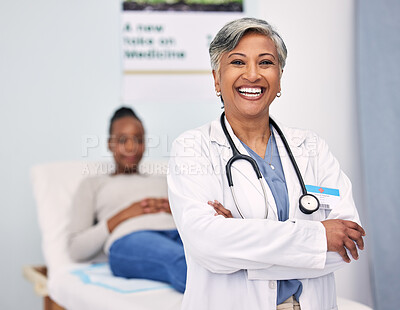 Buy stock photo Happy senior woman, portrait and doctor with arms crossed for professional healthcare at hospital. Mature female person, nurse or medical surgeon smile with patient for checkup appointment at clinic