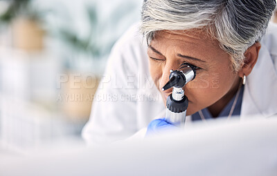 Buy stock photo Mature woman, doctor and otoscope, hearing test and exam for audiology check, consultation and healthcare. Ent tools, otolaryngology and medical professional with equipment for wellness in hospital