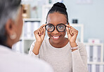 Eye care, glasses and black woman with optometrist, vision and healthcare with wellness and choice at clinic. Prescription lens, frame with help or advice, designer eyewear or spectacles with smile