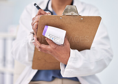 Buy stock photo Person, doctor and writing on clipboard for prescription, diagnosis or results with thermometer at hospital. Closeup of medical nurse or surgeon taking notes, temperature or appointment at clinic