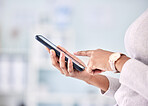 Woman, phone and hands typing in research, social media or communication for networking at hospital. Closeup of female person or patient on mobile smartphone for Telehealth or online search at clinic