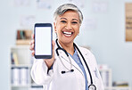 Phone screen, senior woman and doctor with advertising mockup and portrait, app and ads with telehealth. Social media promo, smartphone and healthcare information on website with smile at clinic