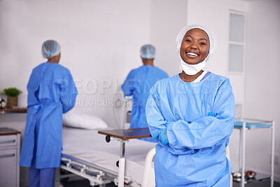 Buy stock photo Happy black woman, doctor and arms crossed of professional in ICU, medical or team in healthcare service at hospital. Portrait of African female person, surgeon or nurse smile in confidence at clinic