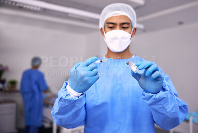 Buy stock photo Man, doctor and syringe for vaccine, injection or patient flu shot in surgery room at hospital. Male person, nurse or medical professional with needle and vial for vaccination or antibiotic at clinic