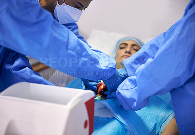 Buy stock photo Heart, transplant and doctors team doing surgery or emergency operation for treatment or healing anatomy in hospital. Rescue, medical and professional surgeon or healthcare teamwork collaboration