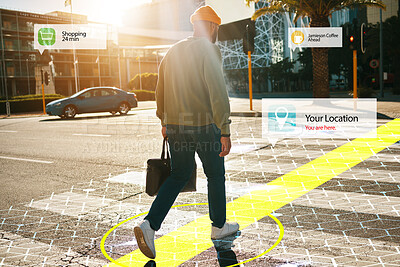 Buy stock photo Augmented reality, hologram and walking man in city with connection for futuristic internet travel in outdoor town. Digital, digital and person commute in metaverse location with online technology