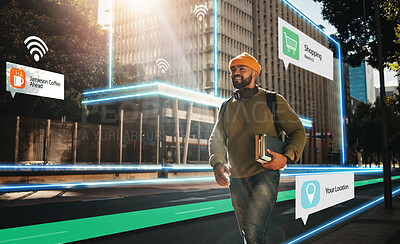 Buy stock photo Augmented reality, hologram and student walking in city with connection for futuristic internet travel in outdoor town. Digital, digital and man commute in metaverse location with online technology