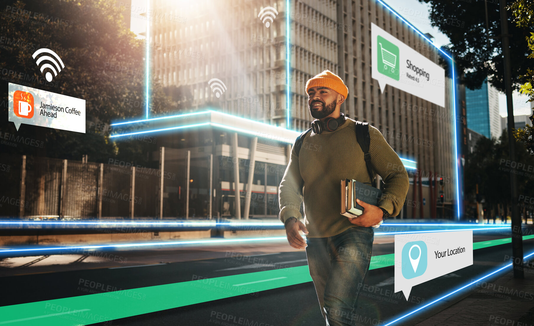 Buy stock photo Augmented reality, hologram and student walking in city with connection for futuristic internet travel in outdoor town. Digital, digital and man commute in metaverse location with online technology