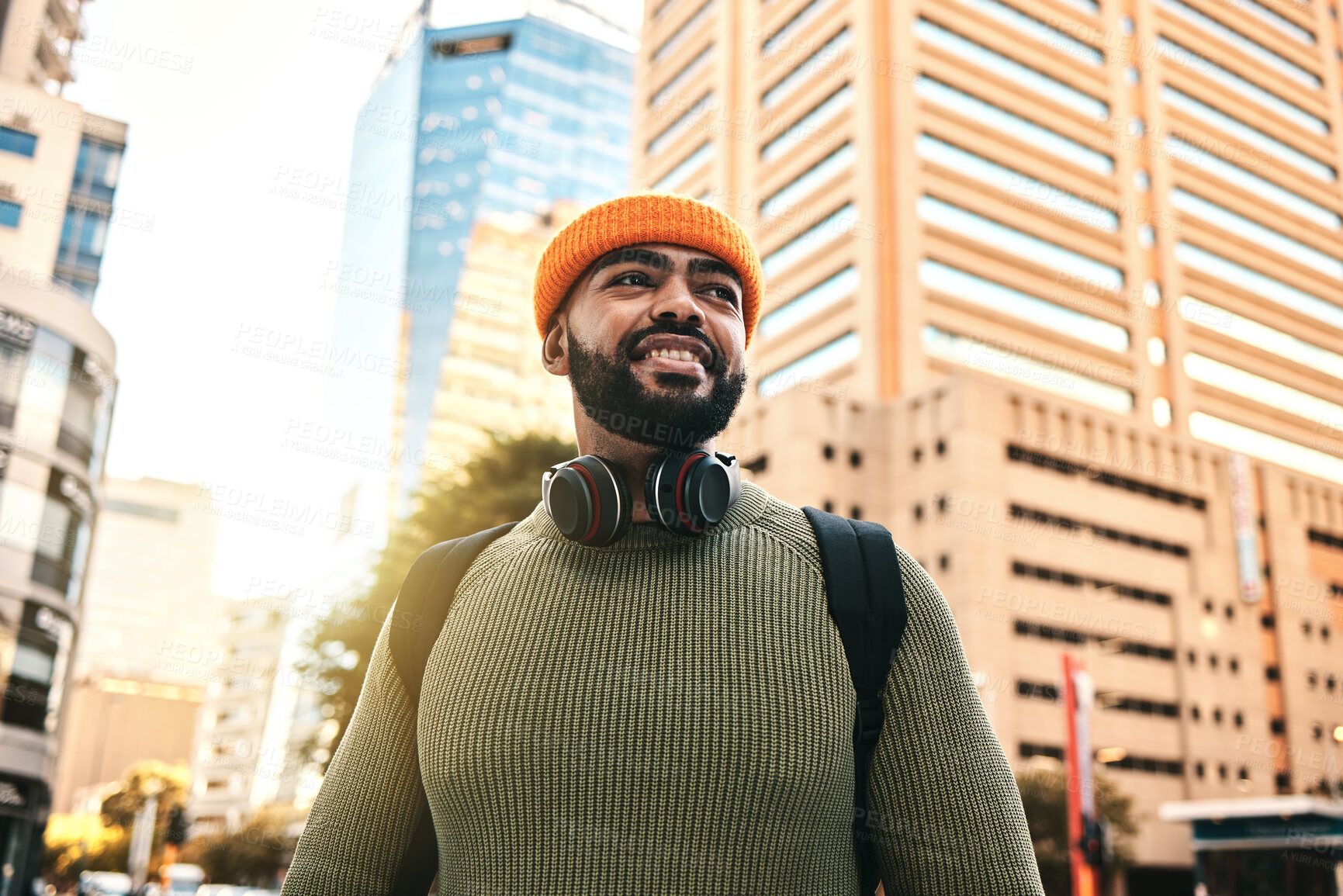 Buy stock photo City, smile and black man travel, walking and happy on morning trip, outdoor journey and commute in Los Angeles. Happiness, urban town and African commuter, pedestrian or person in California, USA