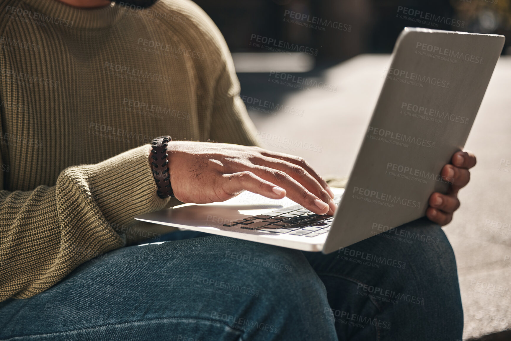 Buy stock photo Computer, hands and closeup of man typing in the city working on a freelance creative project. Technology, email and male freelancer doing research for planning on a laptop by stairs in an urban town