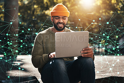 Buy stock photo Man, student and laptop hologram of internet, information technology and software development research on campus. African person on computer, data integration and plexus network and university park