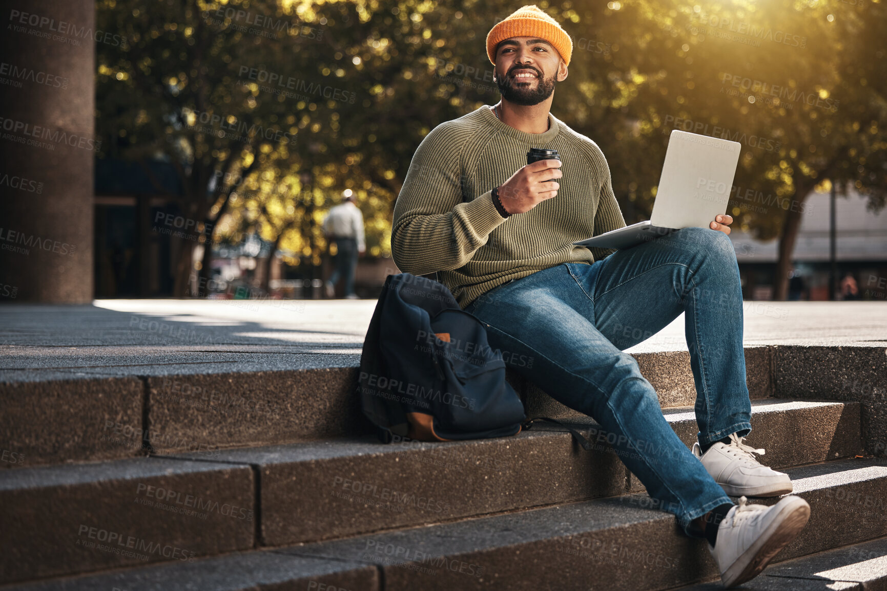 Buy stock photo Student, laptop and thinking outdoor on coffee break, e learning and online education ideas or inspiration in park. African man on college, university or school campus for studying and happy vision