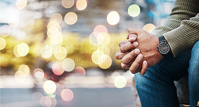 Buy stock photo Hands, stress and double exposure with a person waiting in the city on space during travel delay as a tourist closeup. Anxiety, depression and a person in an urban town for foreign tourism in summer