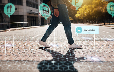 Buy stock photo Augmented reality, hologram and legs walking in city with connection for futuristic internet travel in outdoor town. Digital, digital and person commute in metaverse location with online technology