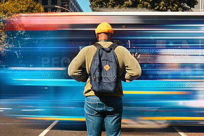 Buy stock photo Person, motion blur and bus traffic on street, urban city and walk to college, transportation and back. Man, cbd and office building on sidewalk, pollution and fashion in travel or commute on road