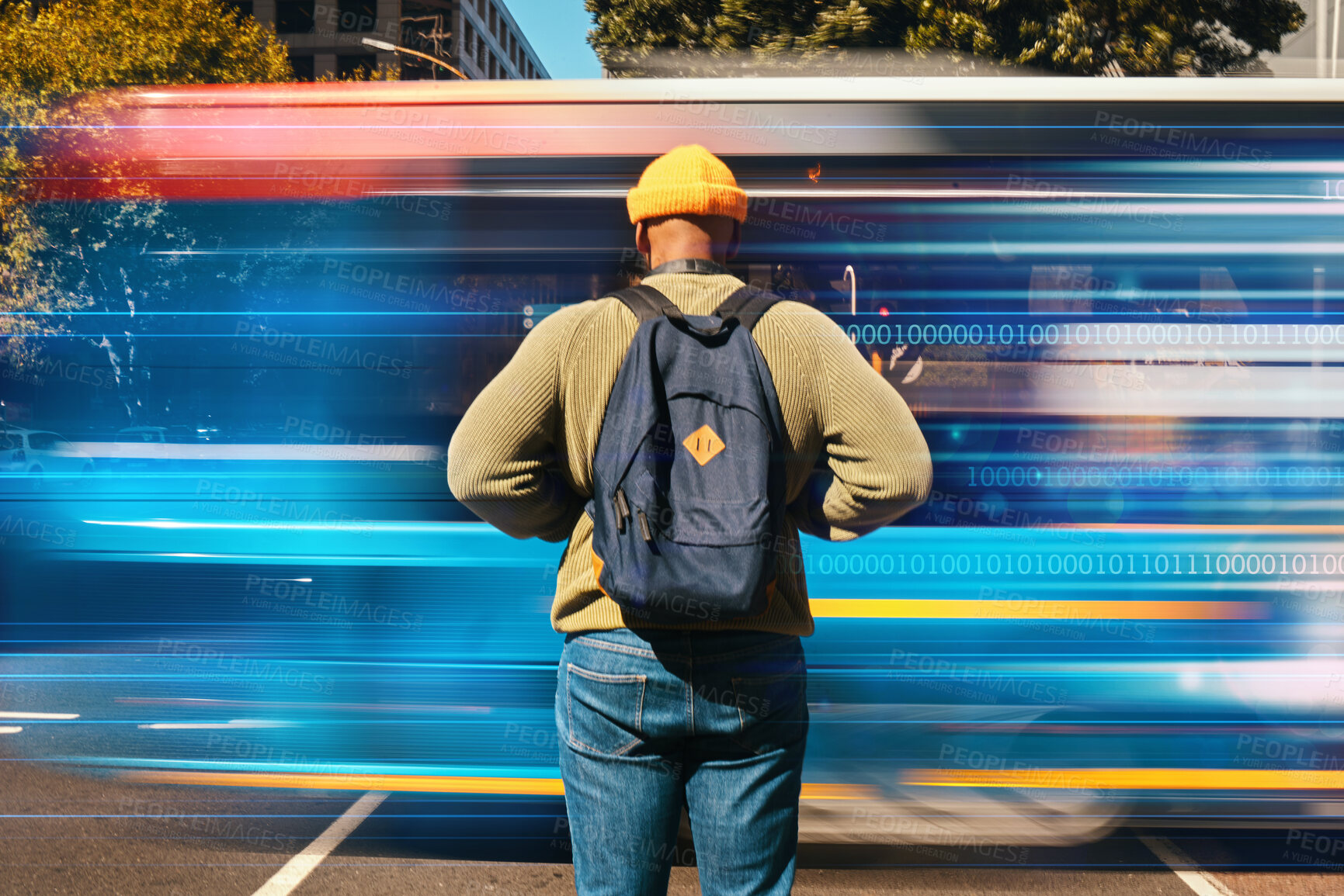 Buy stock photo Person, motion blur and bus traffic on street, urban city and walk to college, transportation and back. Man, cbd and office building on sidewalk, pollution and fashion in travel or commute on road