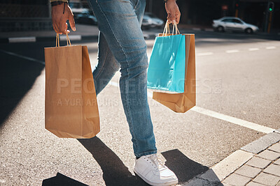 Buy stock photo Legs, shopping bag and city person walking, travel and carry retail package, sales product and on outdoor journey. Urban foot steps, commerce market and person commuting with store discount purchase