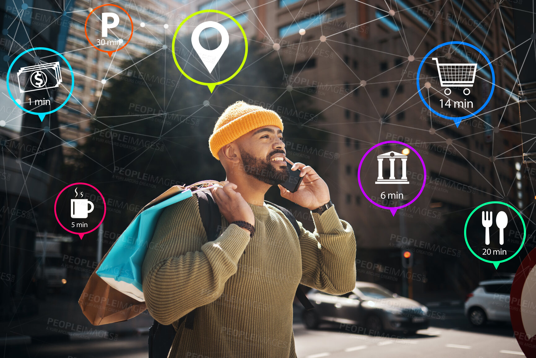 Buy stock photo Man, phone call and city or icons hologram, shopping bag and e commerce, travel algorithm for digital search. African student talking, mobile chat and customer service or walking in augmented reality