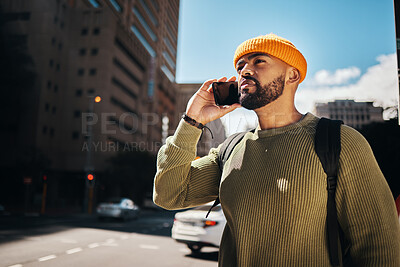 Buy stock photo Man, phone call and walking outdoor for college communication, scholarship opportunity and feedback. African student thinking and talking on mobile for university information, contact or city travel