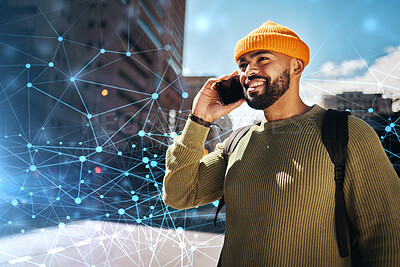 Buy stock photo Man, phone call in city with innovation and digital transformation, conversation and communication. AI generated, cyber and contact, urban location with global network, tech evolution and future