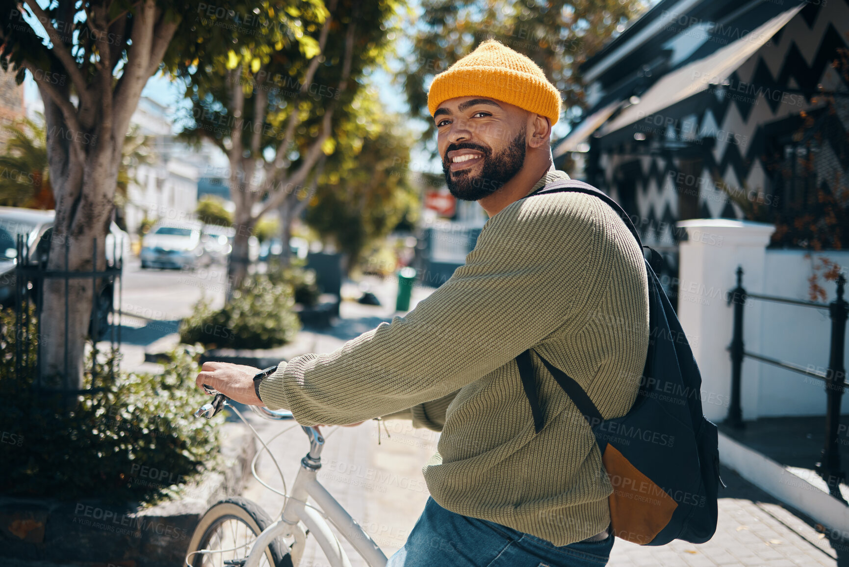 Buy stock photo Bicycle, travel and portrait of man in city for commute, adventure and journey for weekend, holiday or vacation. Fashion, style and person on bike for eco friendly transport, exercise and cycling