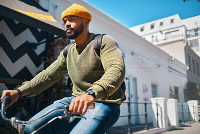 Buy stock photo Bicycle, travel and man in city for cycling, adventure and journey for weekend, holiday or vacation. Fashion, style and person on bike for eco friendly transport, carbon footprint and commute in road