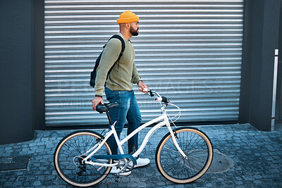 Buy stock photo City, walking and man with bicycle in street for eco friendly transport to university in morning. Urban sidewalk, carbon neutral commute and college student with bike, backpack and morning travel.