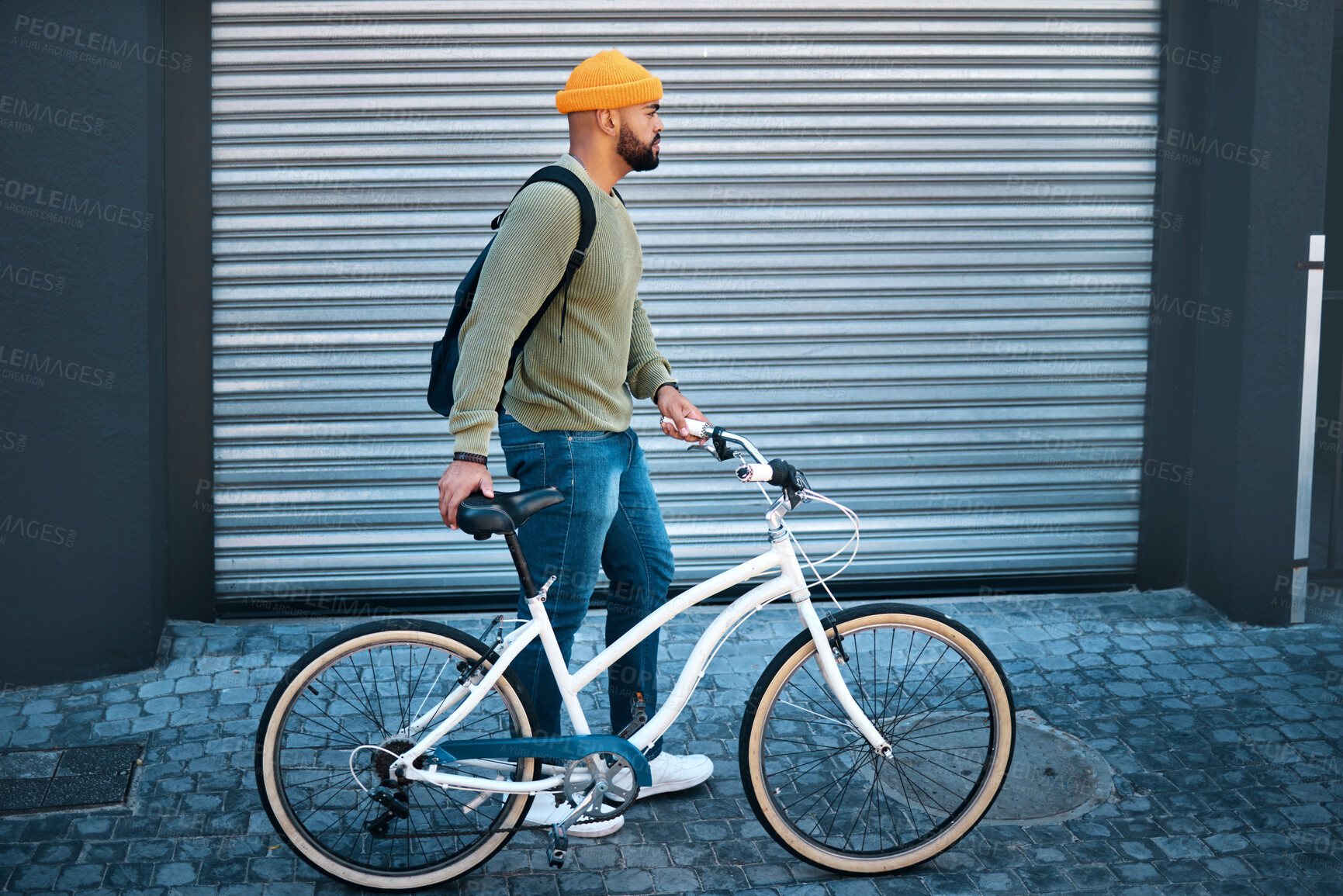 Buy stock photo City, walking and man with bicycle in street for eco friendly transport to university in morning. Urban sidewalk, carbon neutral commute and college student with bike, backpack and morning travel.