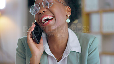Buy stock photo Business, woman and laugh with phone call in office for communication, contact or consulting while working late. Face of happy african worker, networking and chat on smartphone for funny conversation