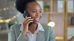 Business, black woman and phone call in office for talking, consulting and contact while working late. Happy employee, mobile networking and communication of feedback, conversation and cellphone chat