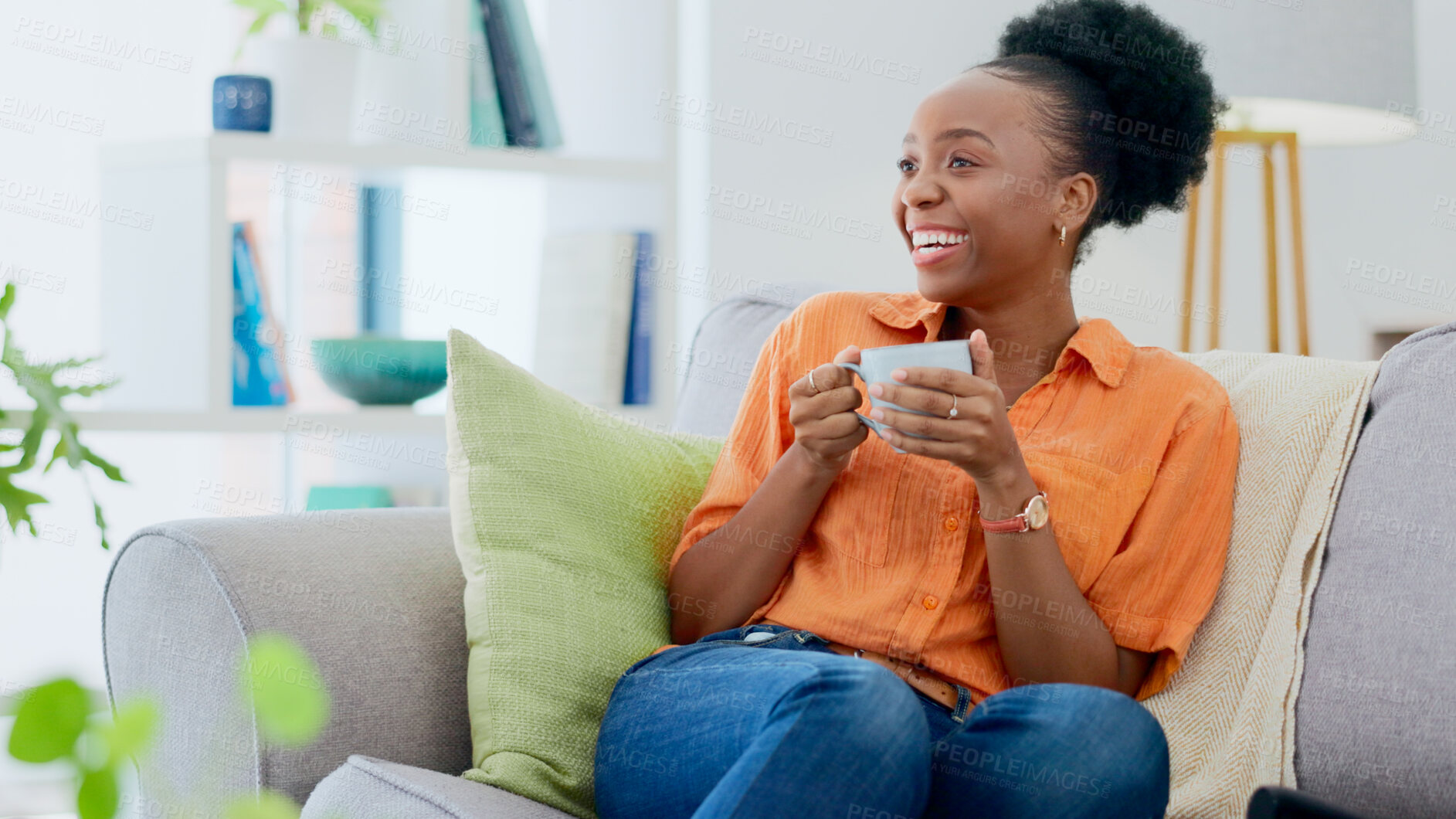 Buy stock photo Black woman, house and couch with coffee, relaxing and smiling for self care, living room and break. Me time, comfort and quality time in home, sofa and day off for resting, laughing and happiness