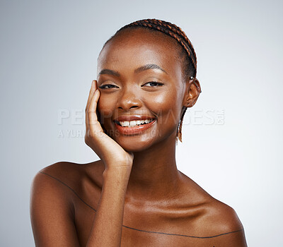 Buy stock photo Portrait of black woman, smile or natural beauty aesthetic for wellness in studio with pride or glow. Dermatology, face shine or happy African girl model with skincare results on white background