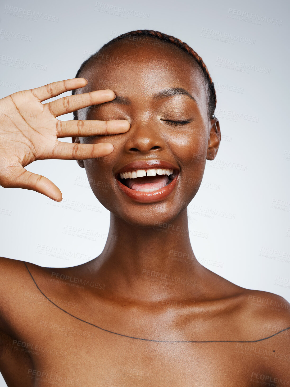 Buy stock photo Hand of black woman, smile or natural beauty aesthetic for wellness in studio with pride, shine or glow. Dermatology, clean face or happy African girl model with skincare results on white background