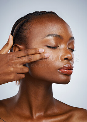 Buy stock photo Face of black woman, natural beauty or skincare for wellness in studio with facial cosmetics or glow. Detox, smooth shine or confident African girl model with dermatology results on white background