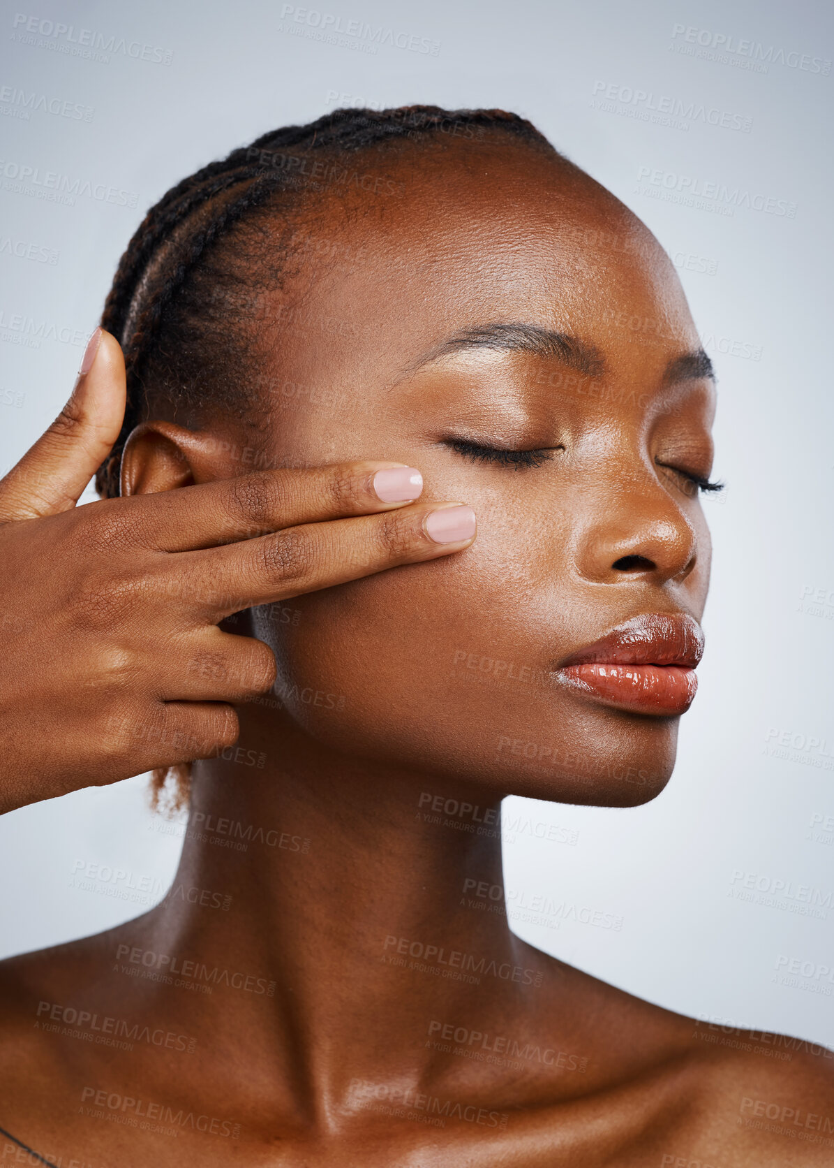 Buy stock photo Face of black woman, natural beauty or skincare for wellness in studio with facial cosmetics or glow. Detox, smooth shine or confident African girl model with dermatology results on white background