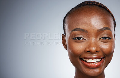 Buy stock photo Portrait of happy black woman, beauty or mockup space for wellness in studio with cosmetics or glow. Dermatology, face shine or African girl model with smile or skincare results on white background 