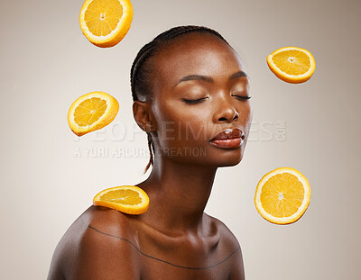 Buy stock photo Black woman, skincare and face with orange, vitamin c and cosmetics for healthy skin, eyes closed and facial treatment. Wellness, glow and dermatology for natural ingredients, vegan care and citrus
