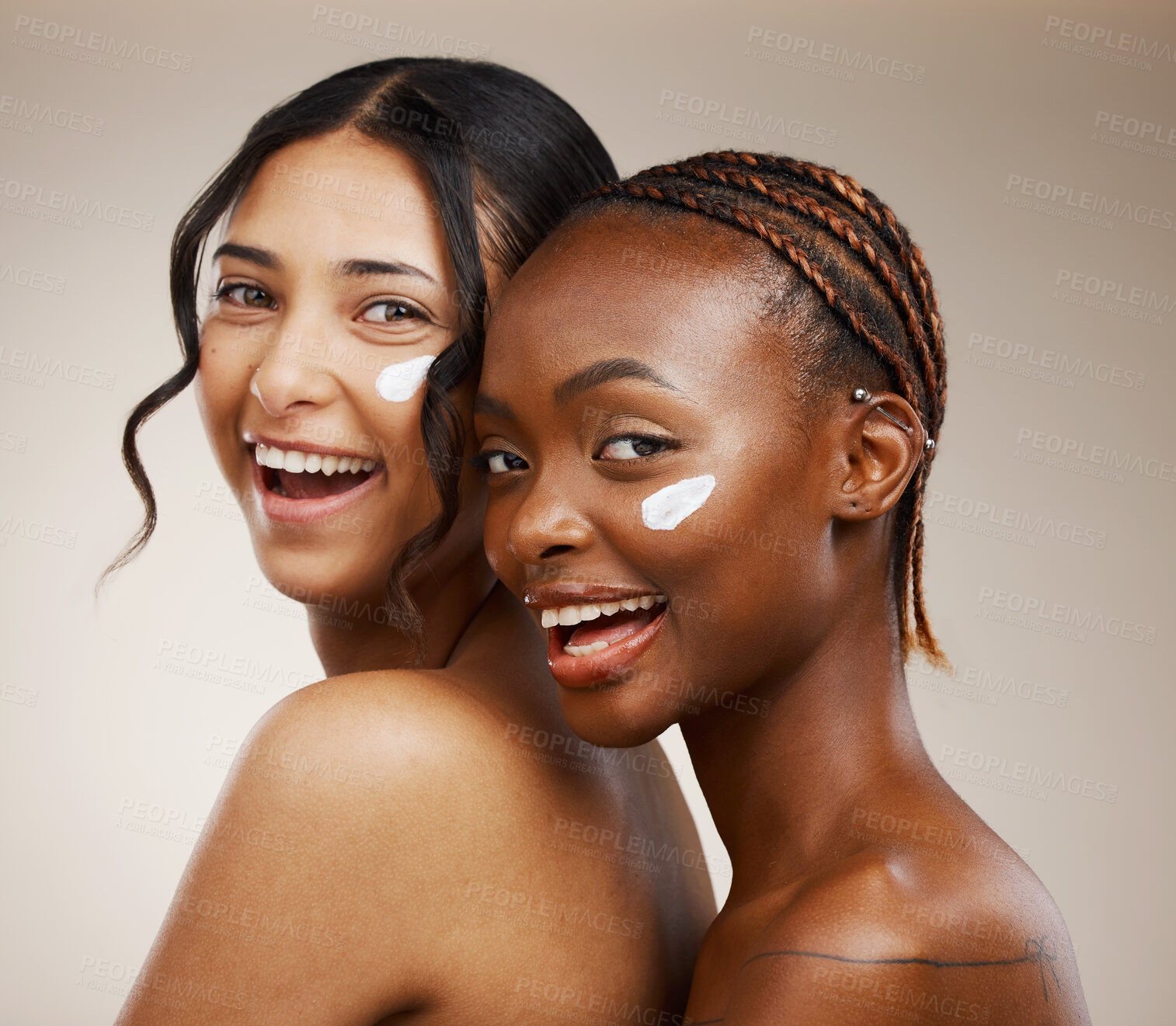 Buy stock photo Women, skincare and friends with moisturizer, diversity and cosmetics for healthy skin or facial. Portrait, wellness or glow for dermatology, natural beauty or sunscreen on face on beige background